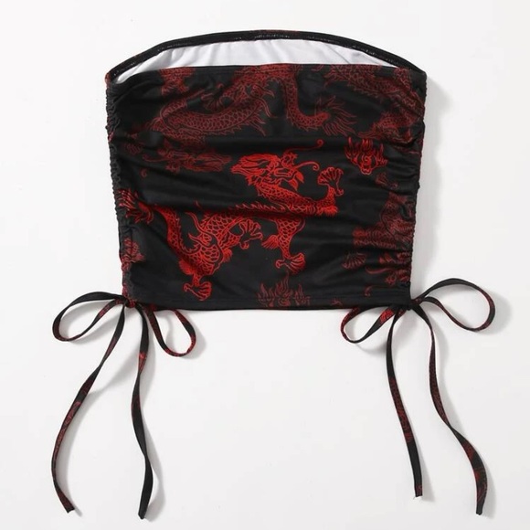 SHEIN Drawstring Ruched Chinese Dragon Print Tube Top #152 - Picture 2 of 6
